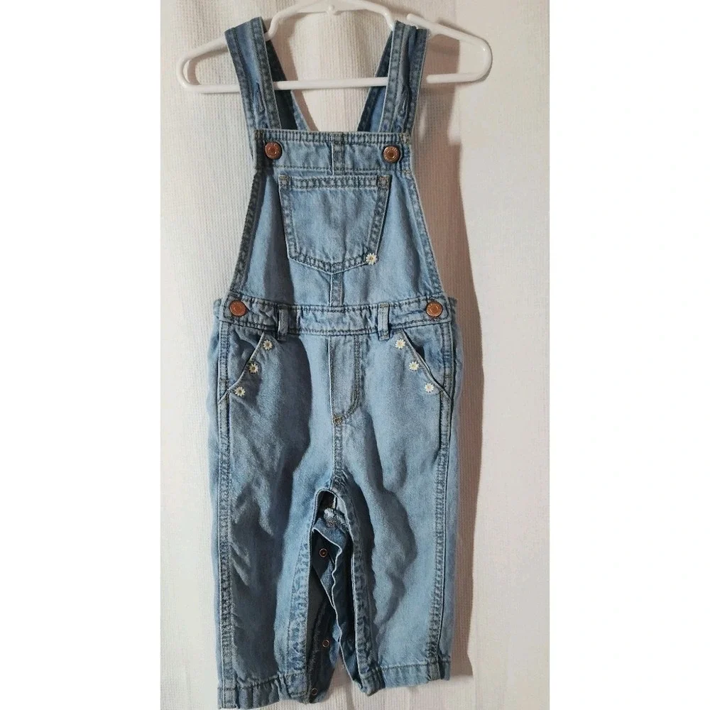 Old Navy Baby Girls Denim Overalls Bibs Cotton 18-24 Mo Daisy Flowers Light Wash